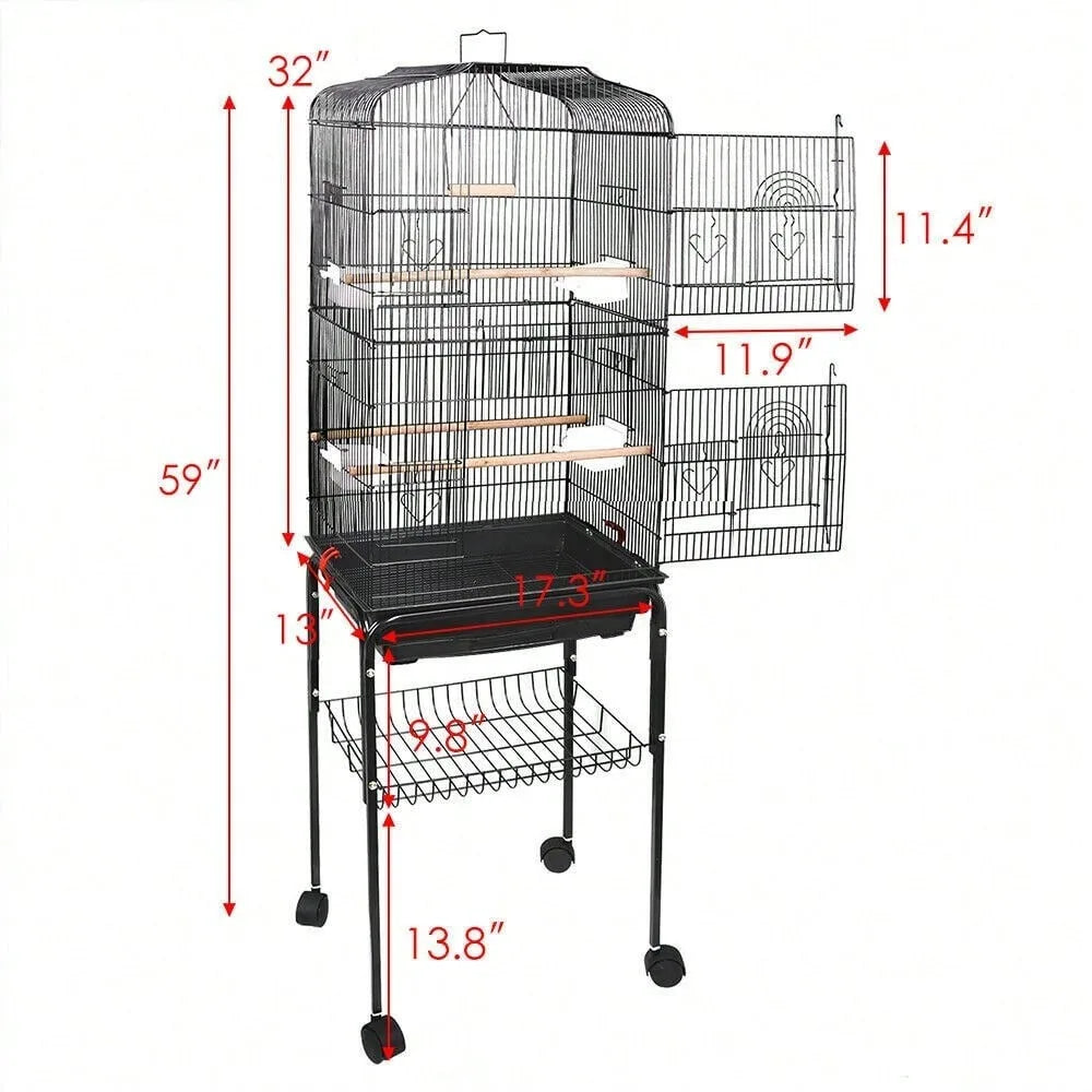 59''H Rooling Bird Cage Cockatiel Parakeet Finch Canary Home with Stand & Tray