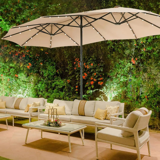 15 ft Extra Large Patio Umbrella with Solar Lights, Rectangular Outdoor Umbrella with Base Included, Market Umbrella Double