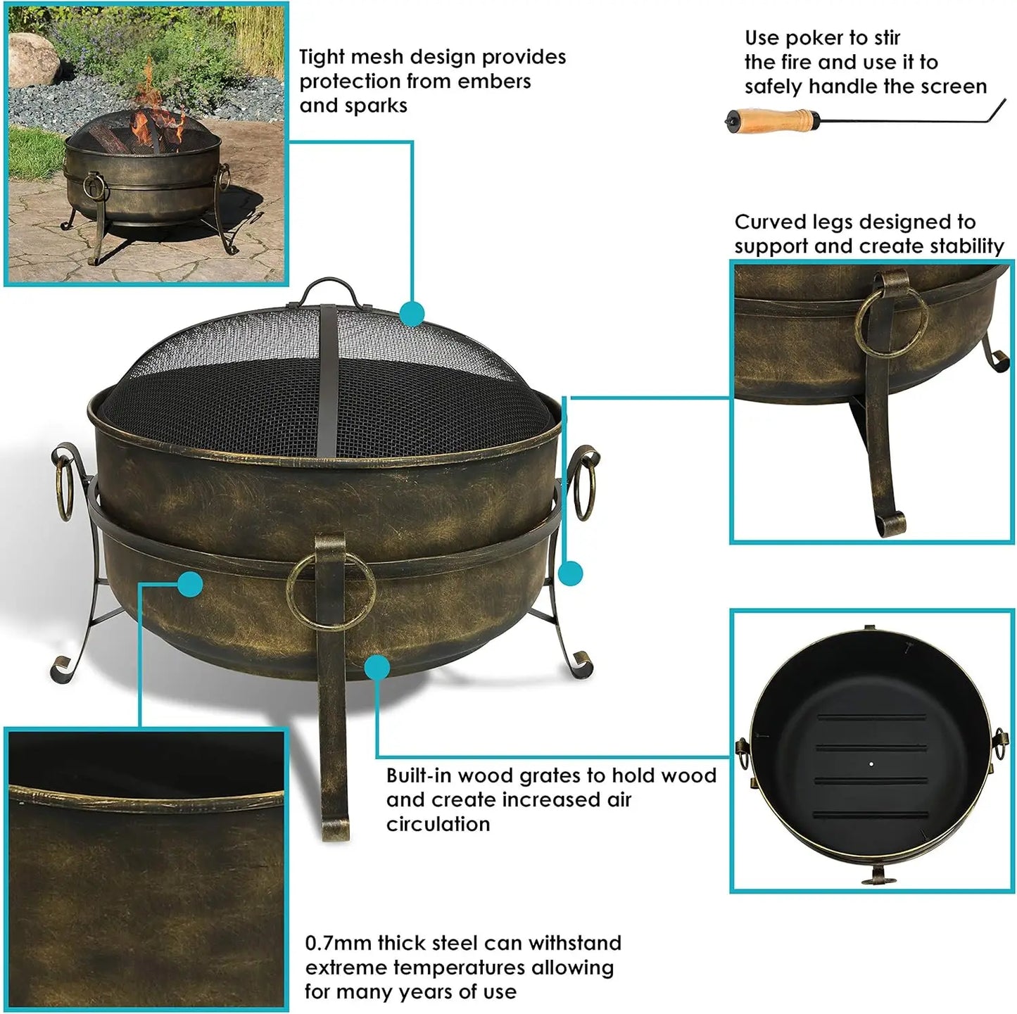 24-Inch Cauldron Style Outdoor Fire Pit Bowl - Outdoor Wood Burning Fire Pit with Spark Screen, Log Poker, and Wood Grate
