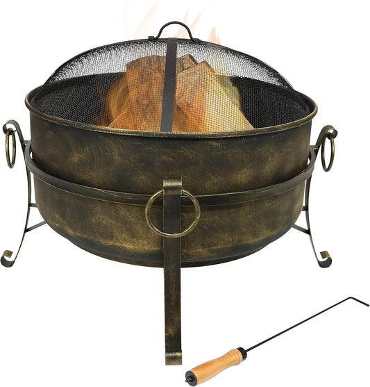 24-Inch Cauldron Style Outdoor Fire Pit Bowl - Outdoor Wood Burning Fire Pit with Spark Screen, Log Poker, and Wood Grate