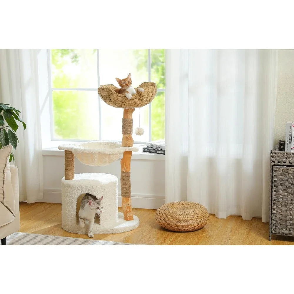 Modern Cat Tree for Large Cats, Wood Cat Tower for Indoor Cats, Real Branch Luxury Cat Furniture with Super Large Cozy Condo