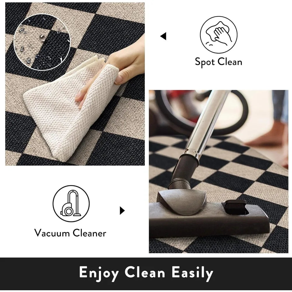 Checkered Easy Jute 3x5 Outdoor Patio Rug, Washable Rugs, Farmhouse Neutral Non Slip Black Door Carpet for Backyard Bedroom, Rug