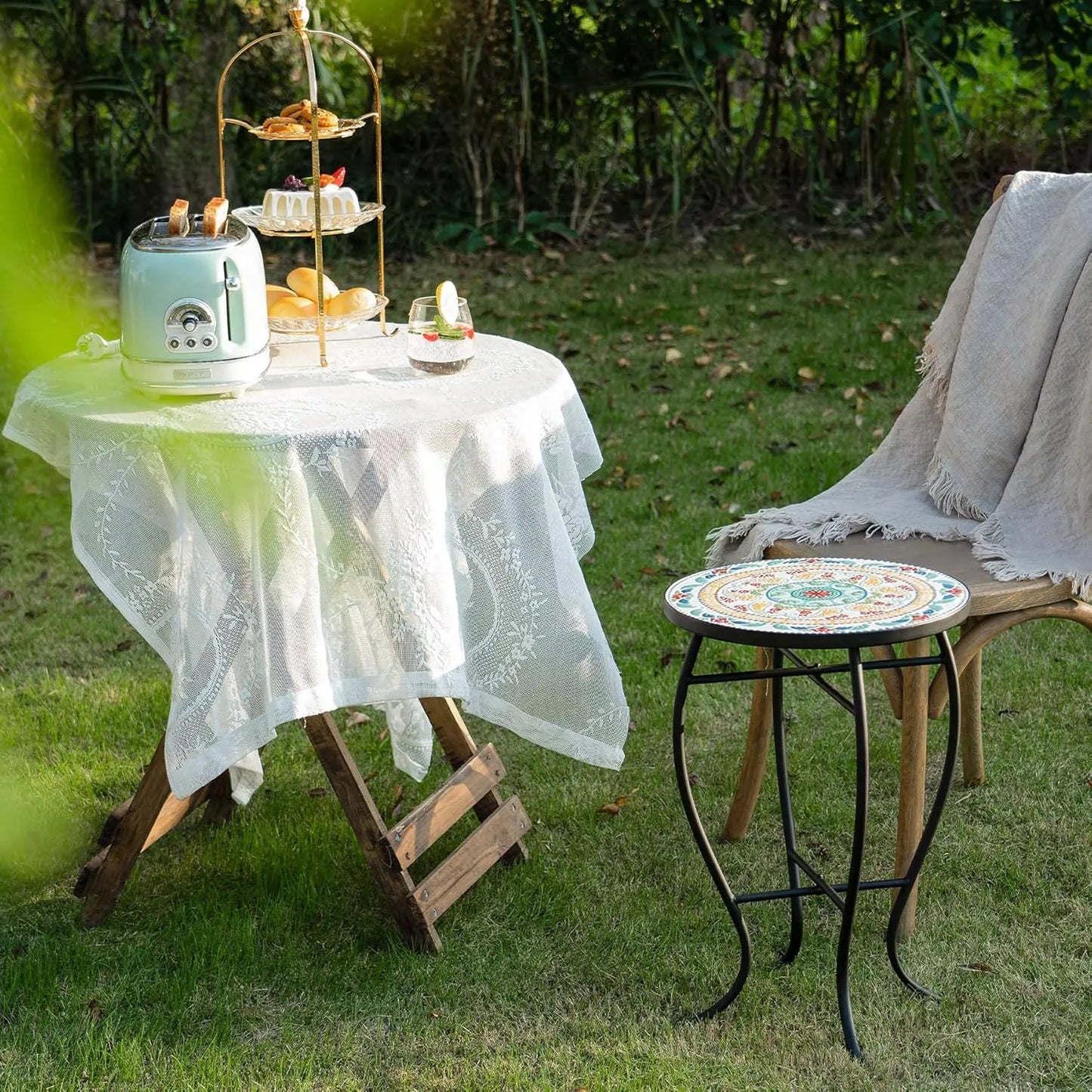 21" Mosaic Plant Stand, 14 Inch Round Side Table with Ceramic Tile Top, Indoor and Outdoor Accent Table