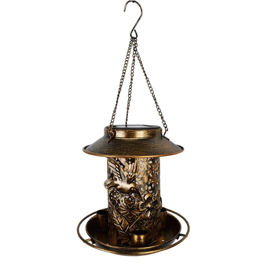 Solar Outdoor Bird Feeder LED Lamp Hanging Hummingbird Feeders IP55 Waterproof Bronze Metal Tray Bird Feeder Garden Yard Decor