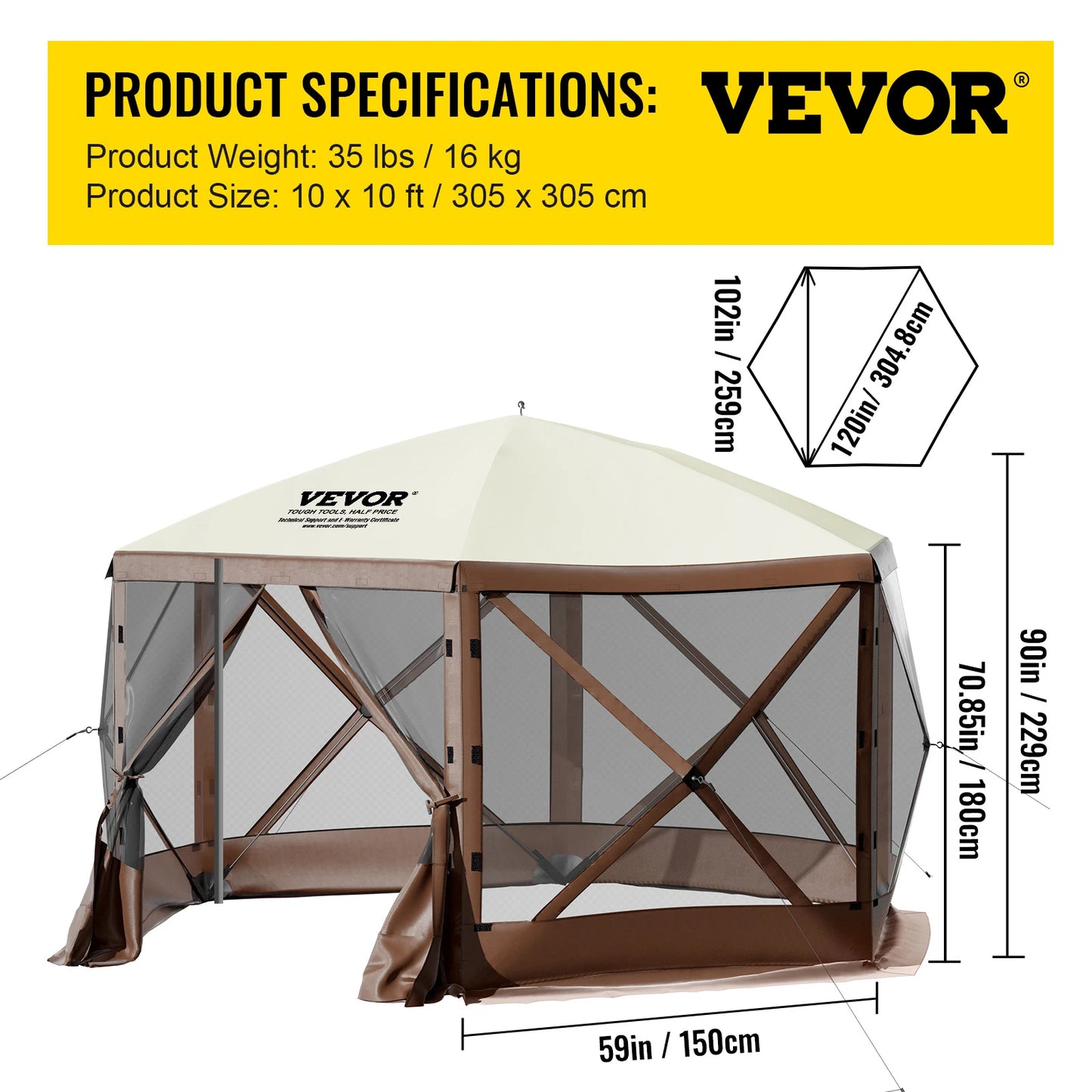 VEVOR Pop-up Camping Gazebo Camping Canopy Shelter 6 Sided 12' x 12' / 10' x 10' Sun Shade Tents & Canopies Camping & Hiking