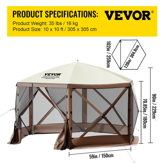 VEVOR Pop-up Camping Gazebo Camping Canopy Shelter 6 Sided 12' x 12' / 10' x 10' Sun Shade Tents & Canopies Camping & Hiking